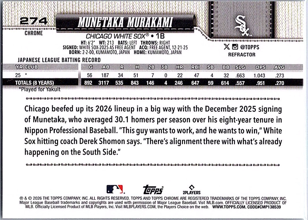 2026 Topps Chrome Munetaka Murakami #274 Refractors Chicago White Sox
