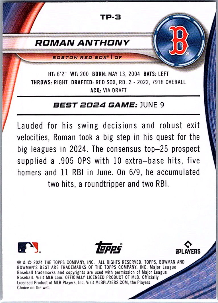 2024 Bowman's Best Roman Anthony #TP-3 Green Mini-Diamond Ref Red Sox /99