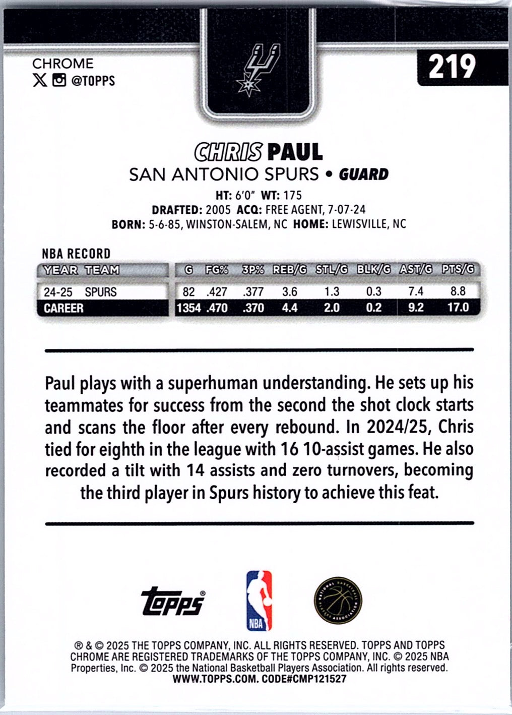 2025-26 Topps Chrome Chris Paul #219 San Antonio Spurs