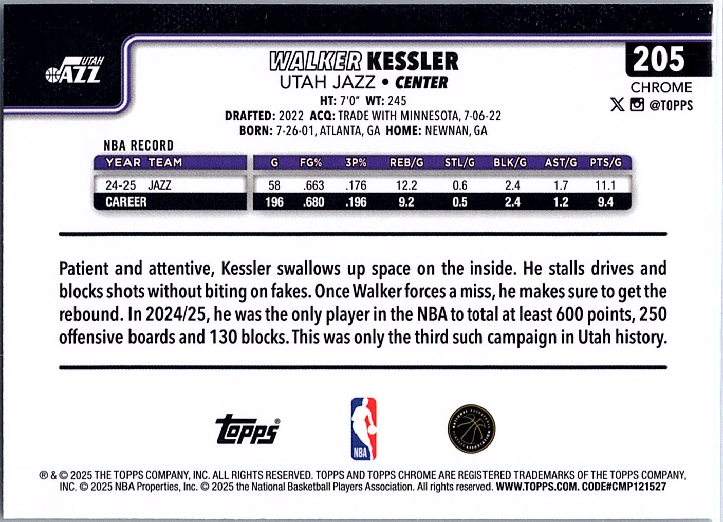 2025-26 Topps Chrome Walker Kessler #205 Utah Jazz