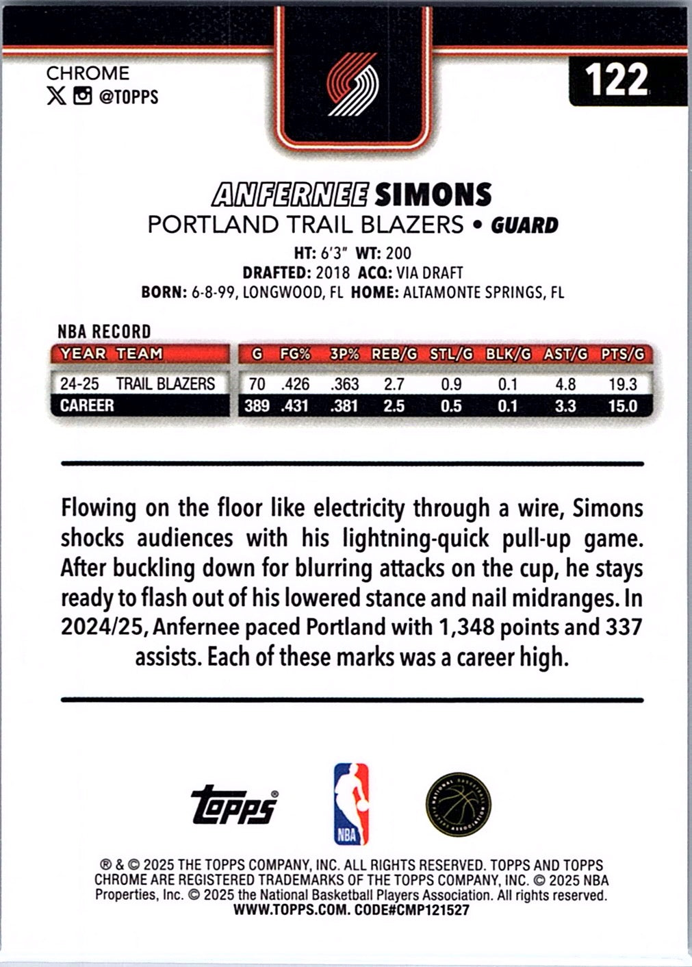 2025-26 Topps Chrome Anfernee Simons #122