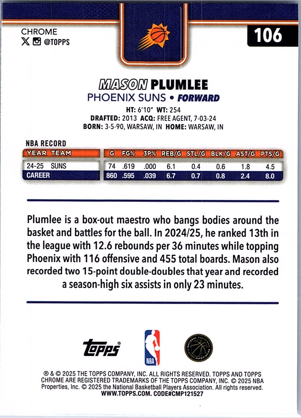 2025-26 Topps Chrome Mason Plumlee #106 Phoenix Suns