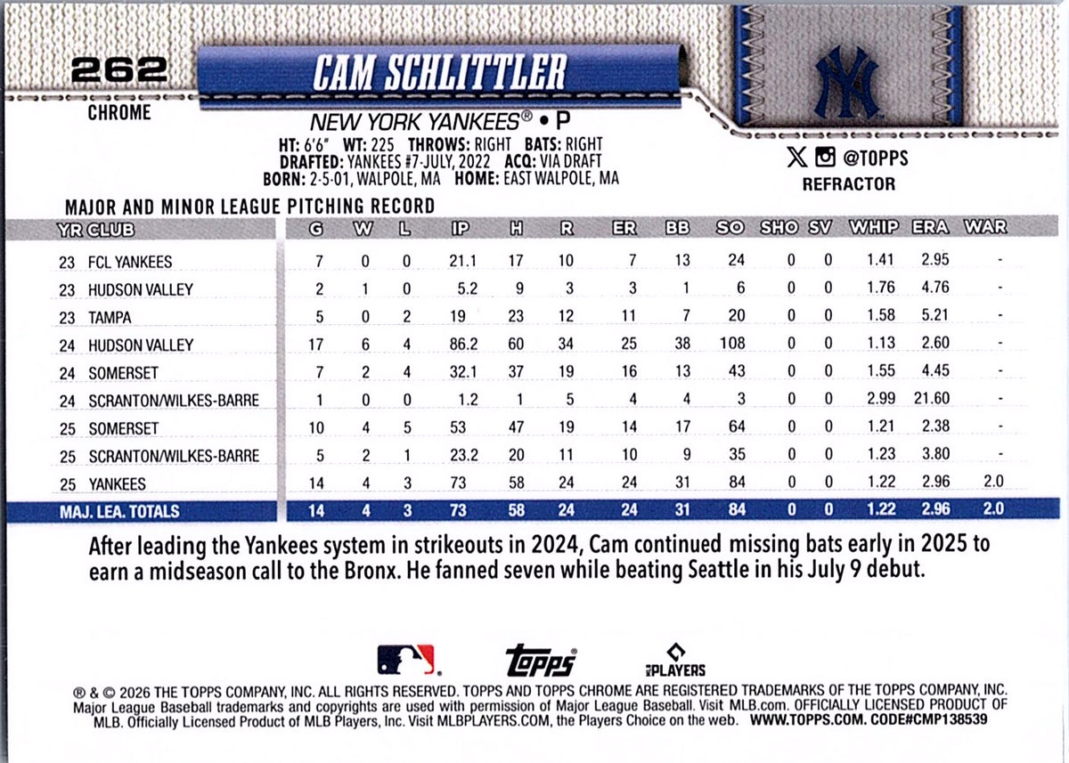 2026 Topps Cam Schlittler Refractor #111 New York Yankees