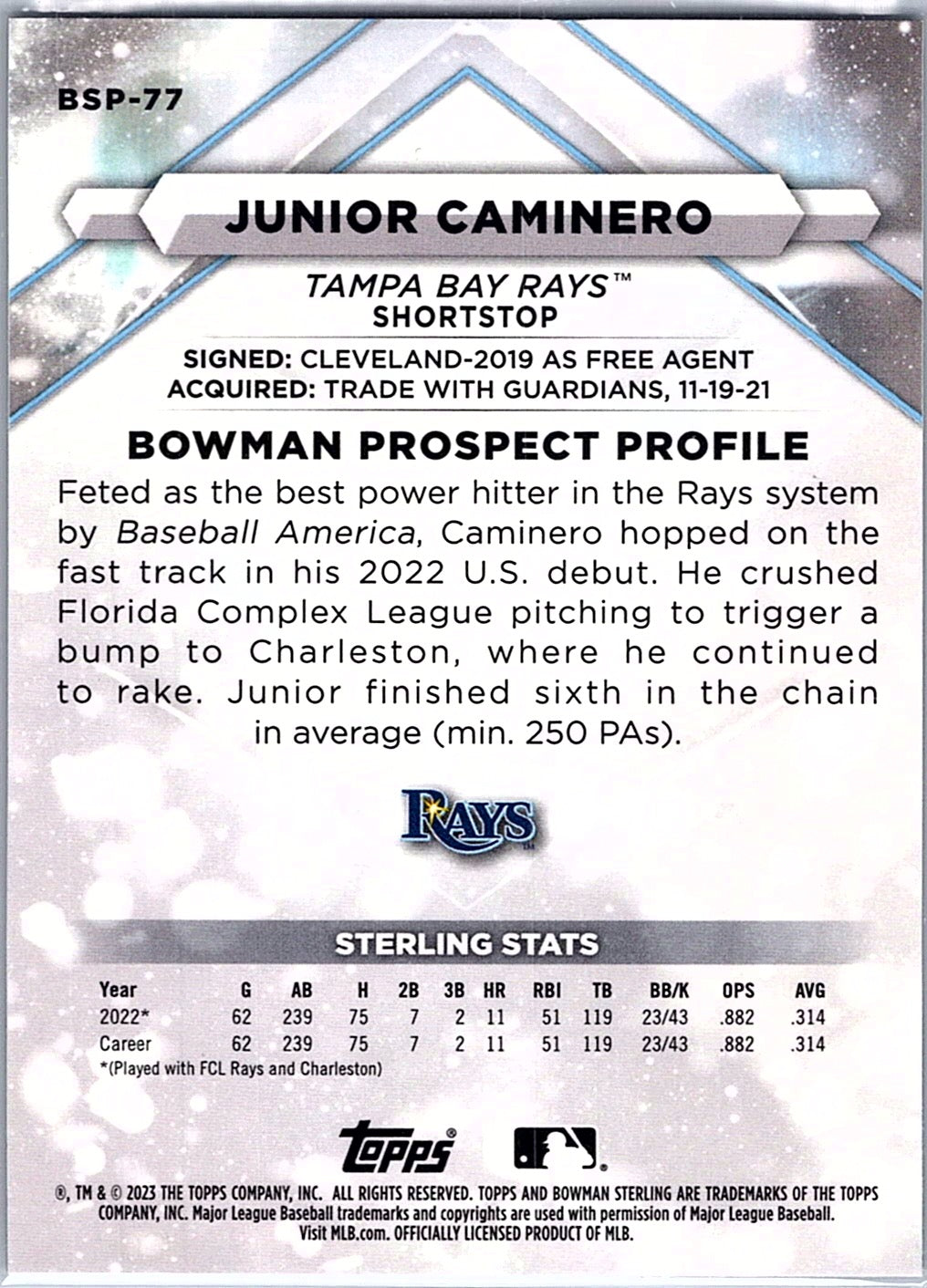 2023 Bowman Sterling Junior Caminero #BSP-77 Tampa Bay Rays
