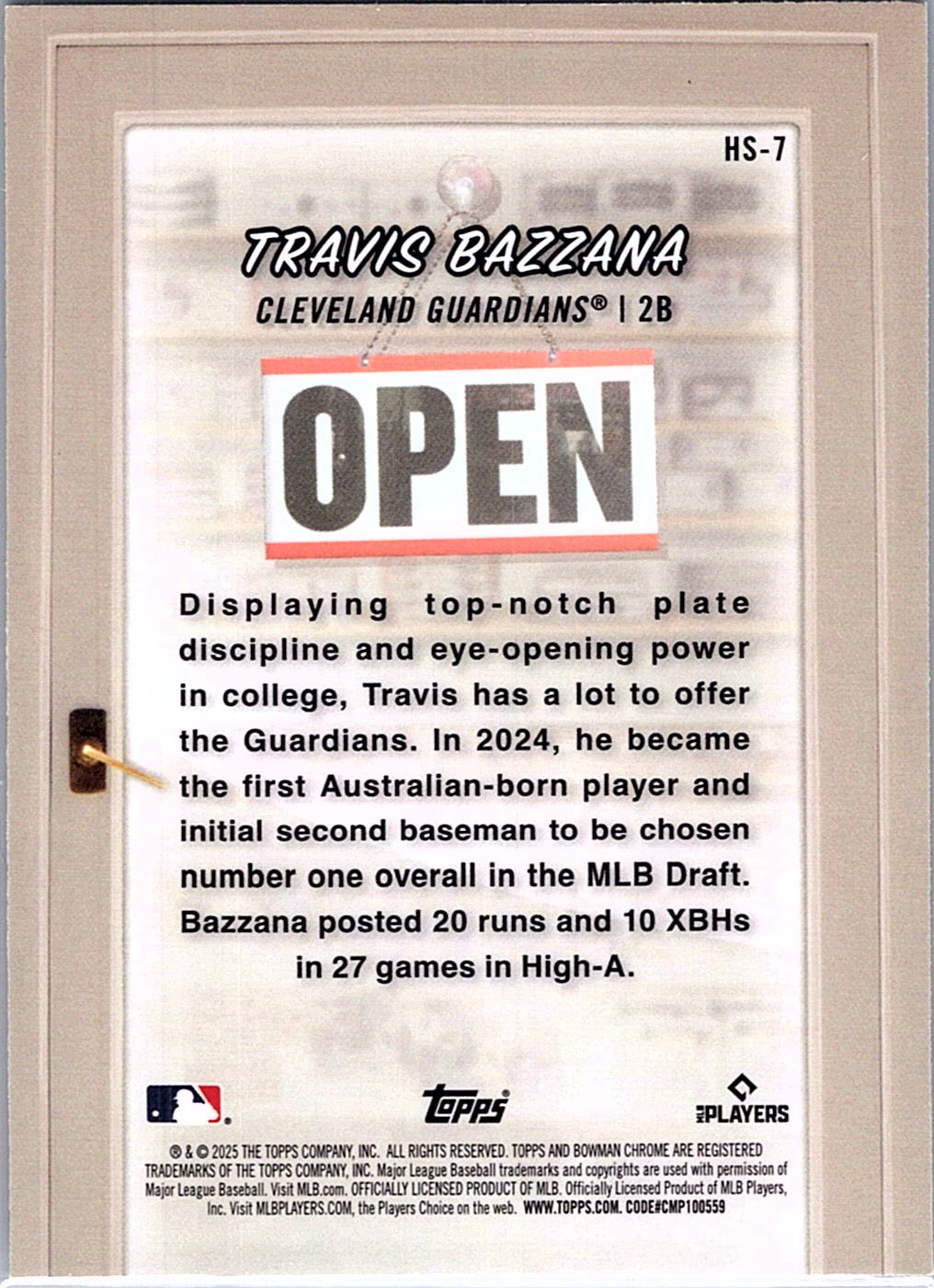 2025 Bowman Travis Bazzana #HS-7 Hobby Stars Cleveland Guardians