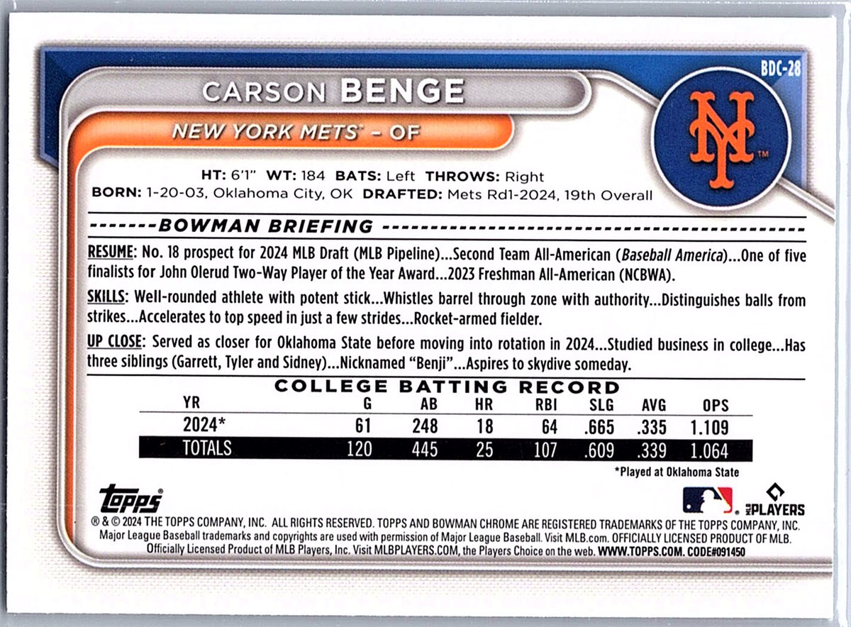 2024 Bowman Draft Carson Benge #BDC-28 Chrome New York Mets