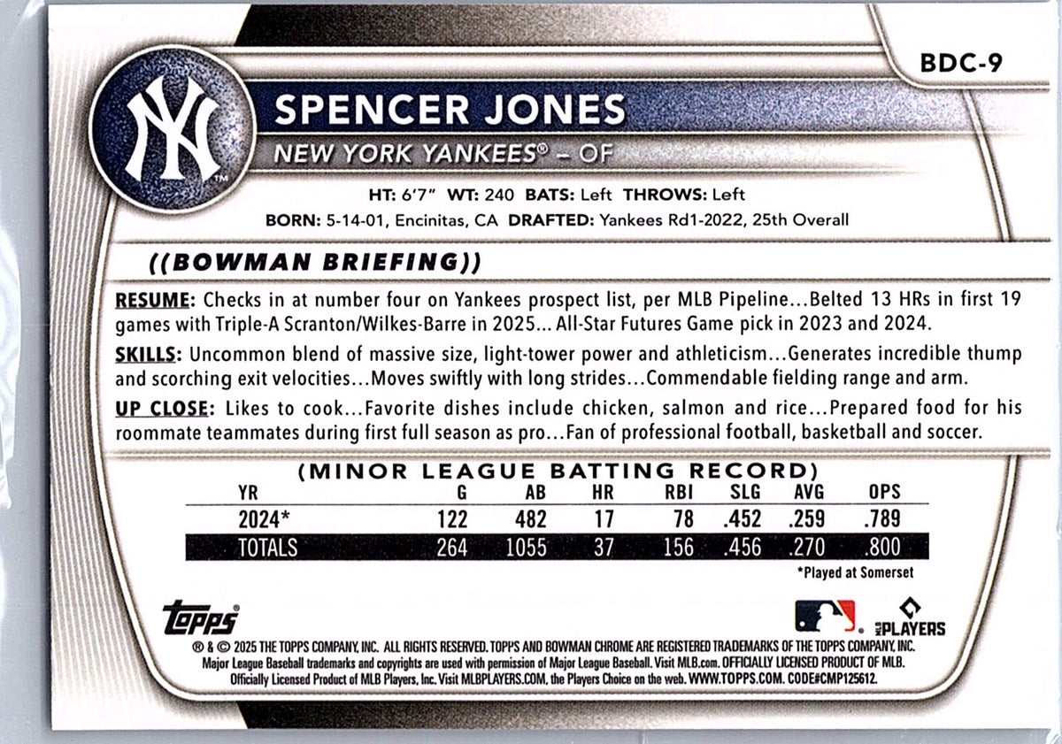 2025 Bowman Draft Spencer Jones #BDC-9 Chrome New York Yankees