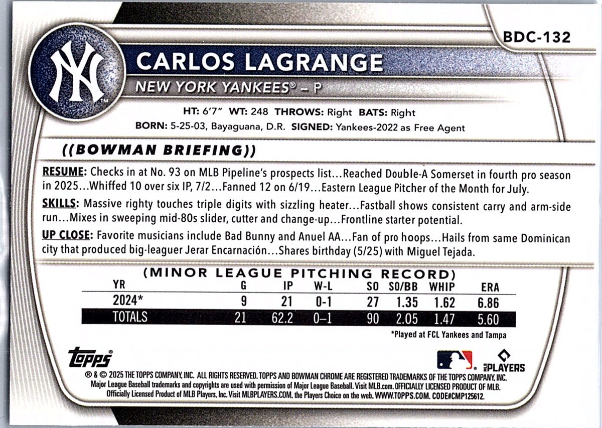 2025 Bowman Draft Carlos Lagrange #BDC-132 Chrome New York Yankees