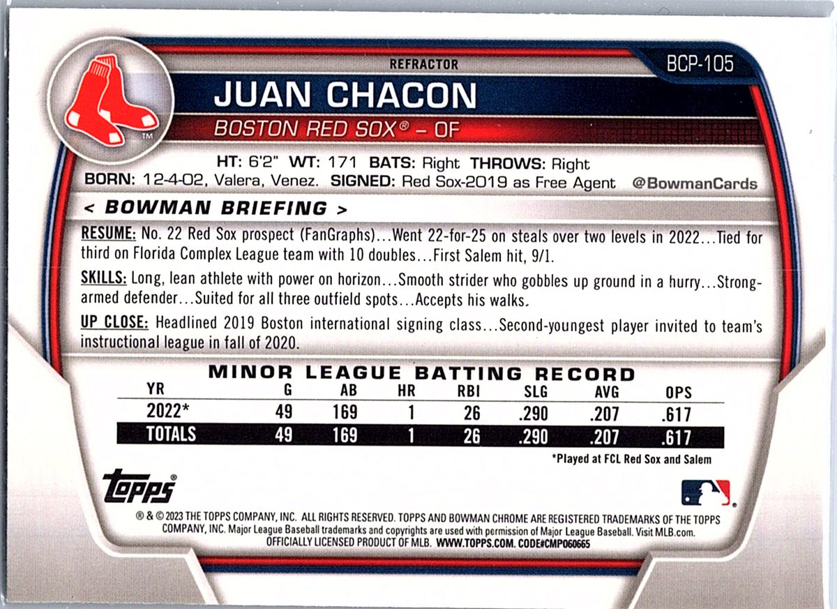 2023 Bowman Juan Chacon #BCP-105 Chrome Prospects Lunar Glow Refractors Red Sox