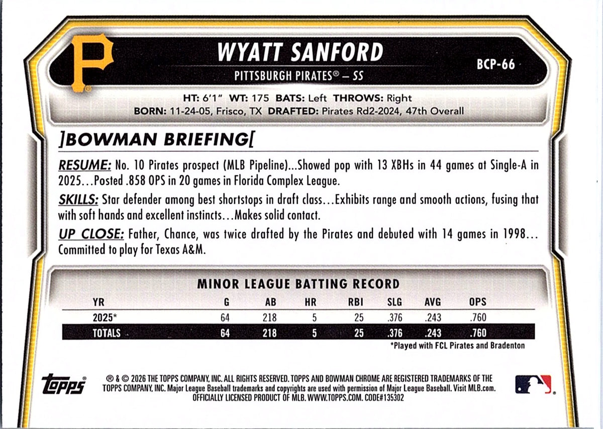 2026 Bowman Wyatt Sanford #BCP-66 Chrome Prospects Pittsburgh Pirates
