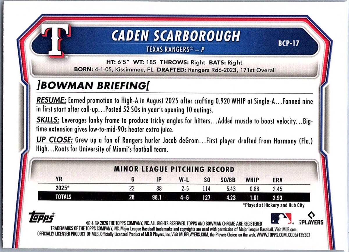 2026 Bowman Caden Scarborough #BCP-17 Chrome Prospects Texas Rangers