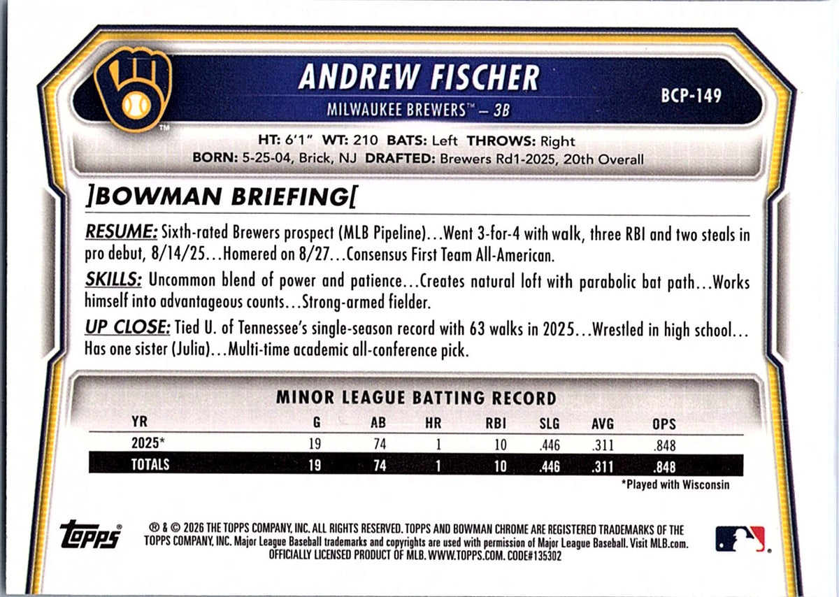2026 Bowman Andrew Fischer #BCP-149 Chrome Prospects Milwaukee Brewers