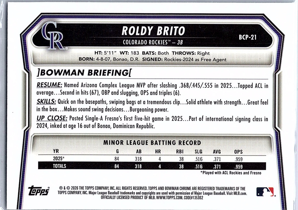 2026 Bowman Roldy Brito #BCP-21 Chrome Prospects Colorado Rockies