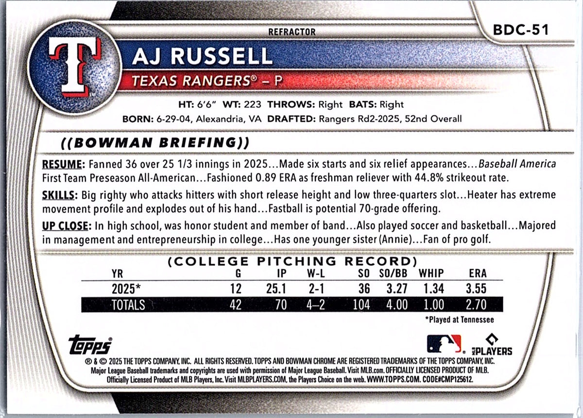 2025 Bowman Draft AJ Russell #BDC-51 Chrome Refractor Texas Rangers