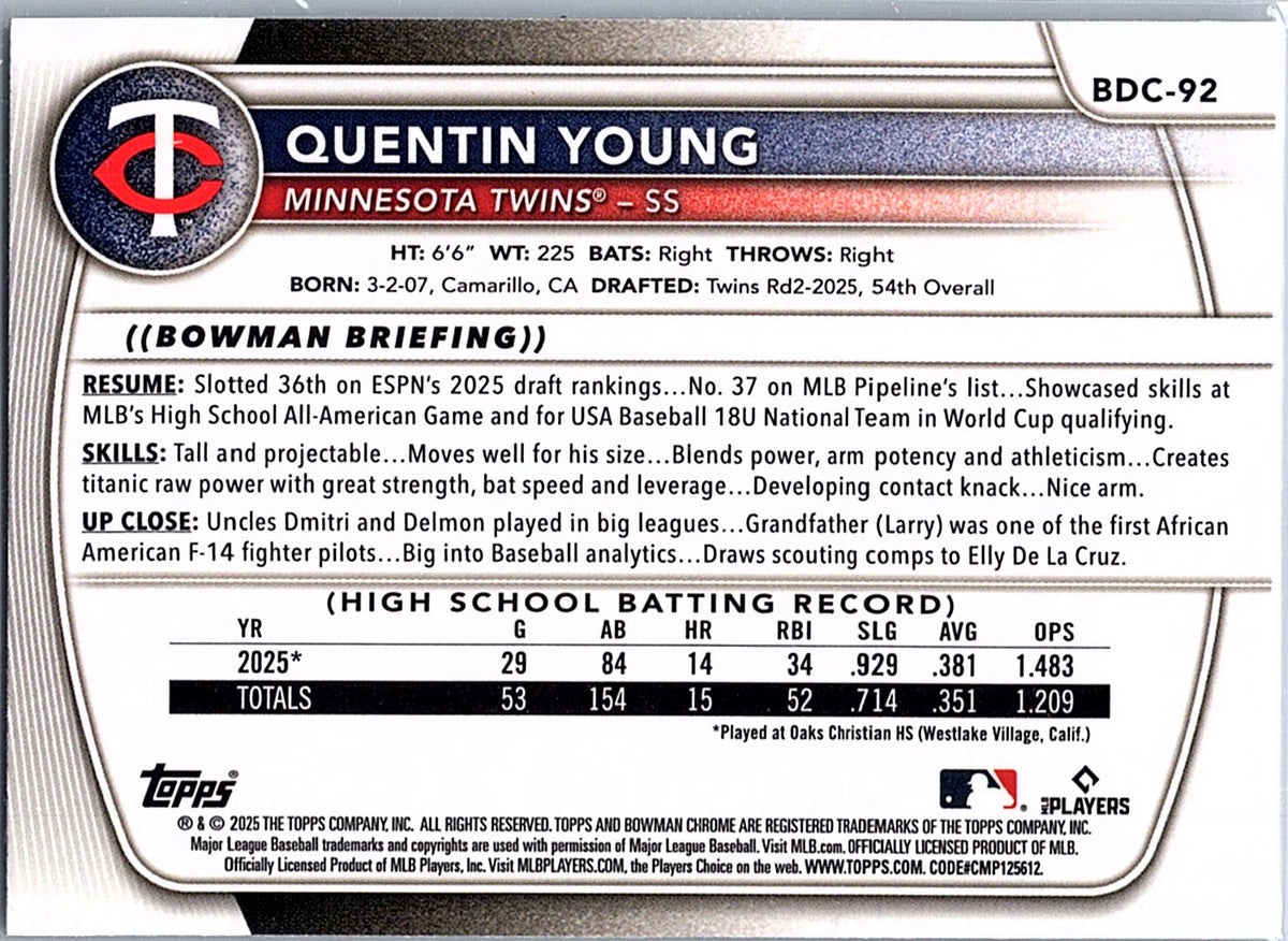 2025 Bowman Draft Quentin Young #BDC-92 Chrome Minnesota Twins