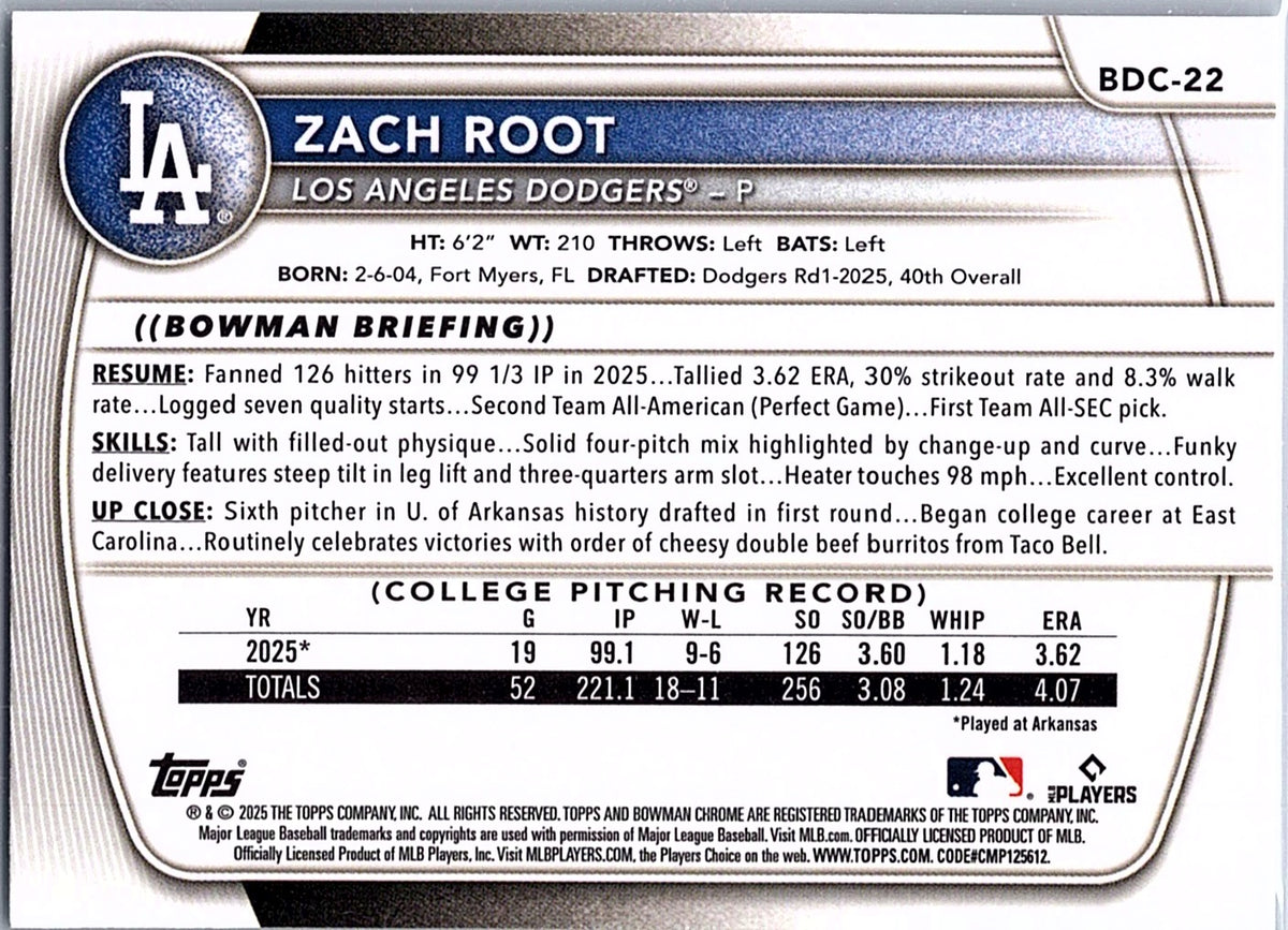 2025 Bowman Draft Zach Root #BDC-22 Chrome Los Angeles Dodgers