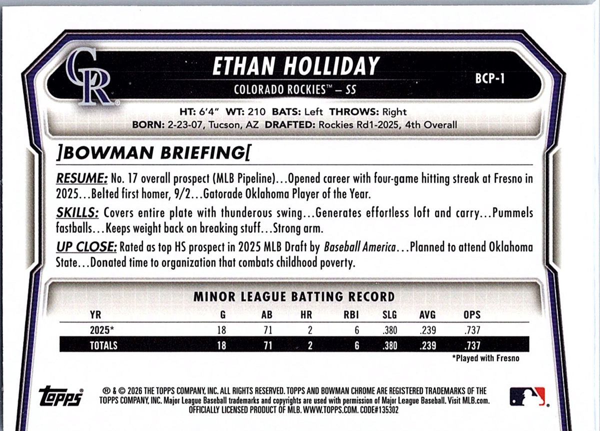 2026 Bowman Ethan Holliday #BCP-1 Chrome Prospects Colorado Rockies