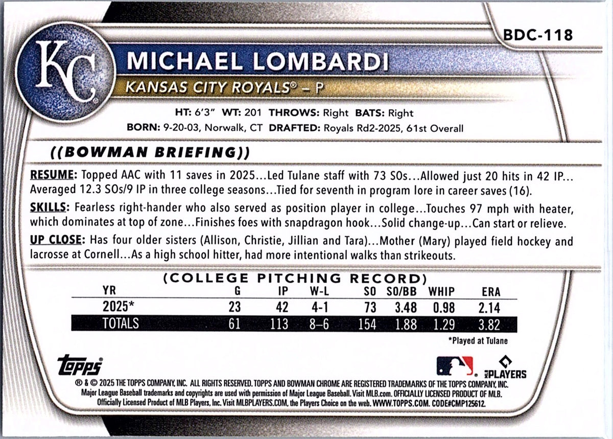 2025 Bowman Draft Michael Lombardi #BDC-118 Chrome Kansas City Royals