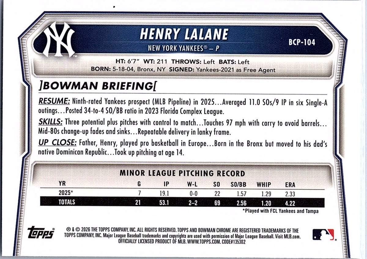 2026 Bowman Henry Lalane #BCP-104 Chrome Prospects New York Yankees
