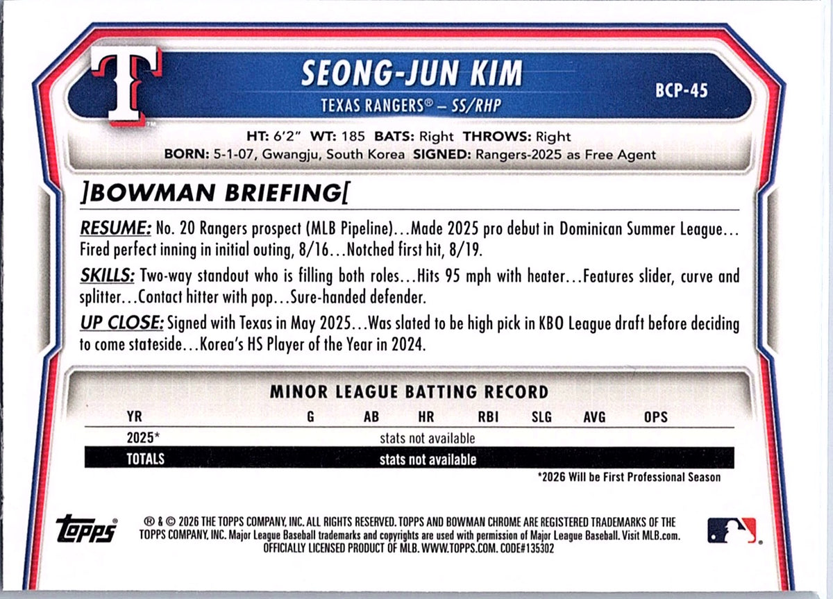 2026 Bowman Seong-Jun Kim #BCP-45 Chrome Prospects Texas Rangers
