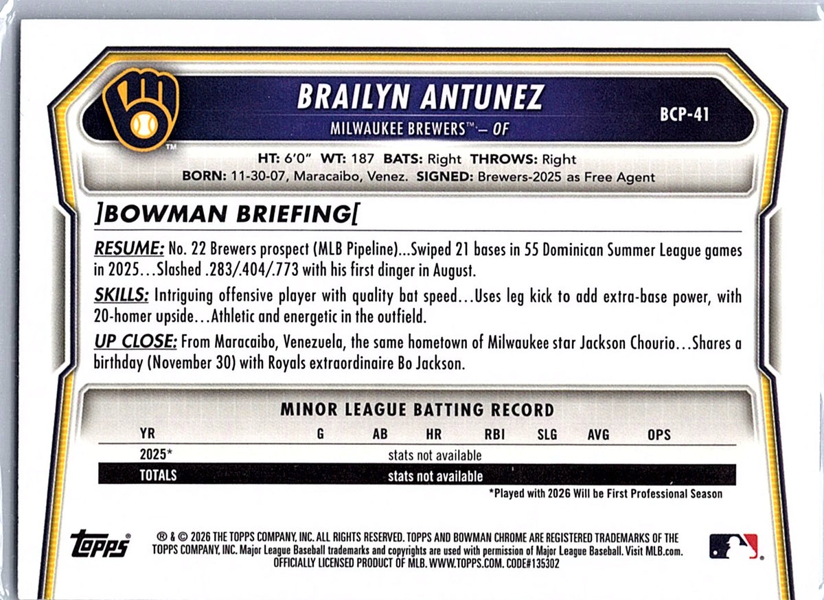 2026 Bowman Brailyn Antunez #BCP-41 Chrome Prospects Milwaukee Brewers