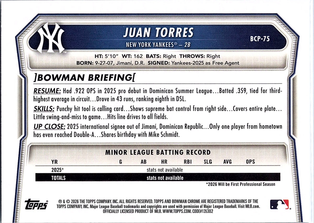 2026 Bowman Juan Torres #BCP-75 Chrome Prospects Lazer Refractor Yankees