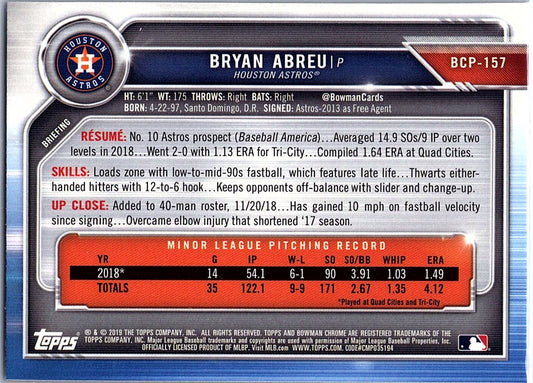 2019 Bowman Chrome Bryan Abreu #BCP-157 Prospects Houston Astros