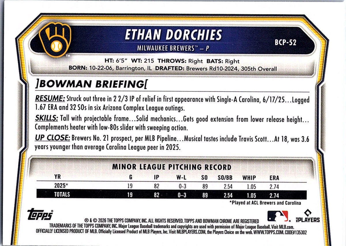 2026 Bowman Ethan Dorchies #BCP-52 Chrome Prospects Milwaukee Brewers