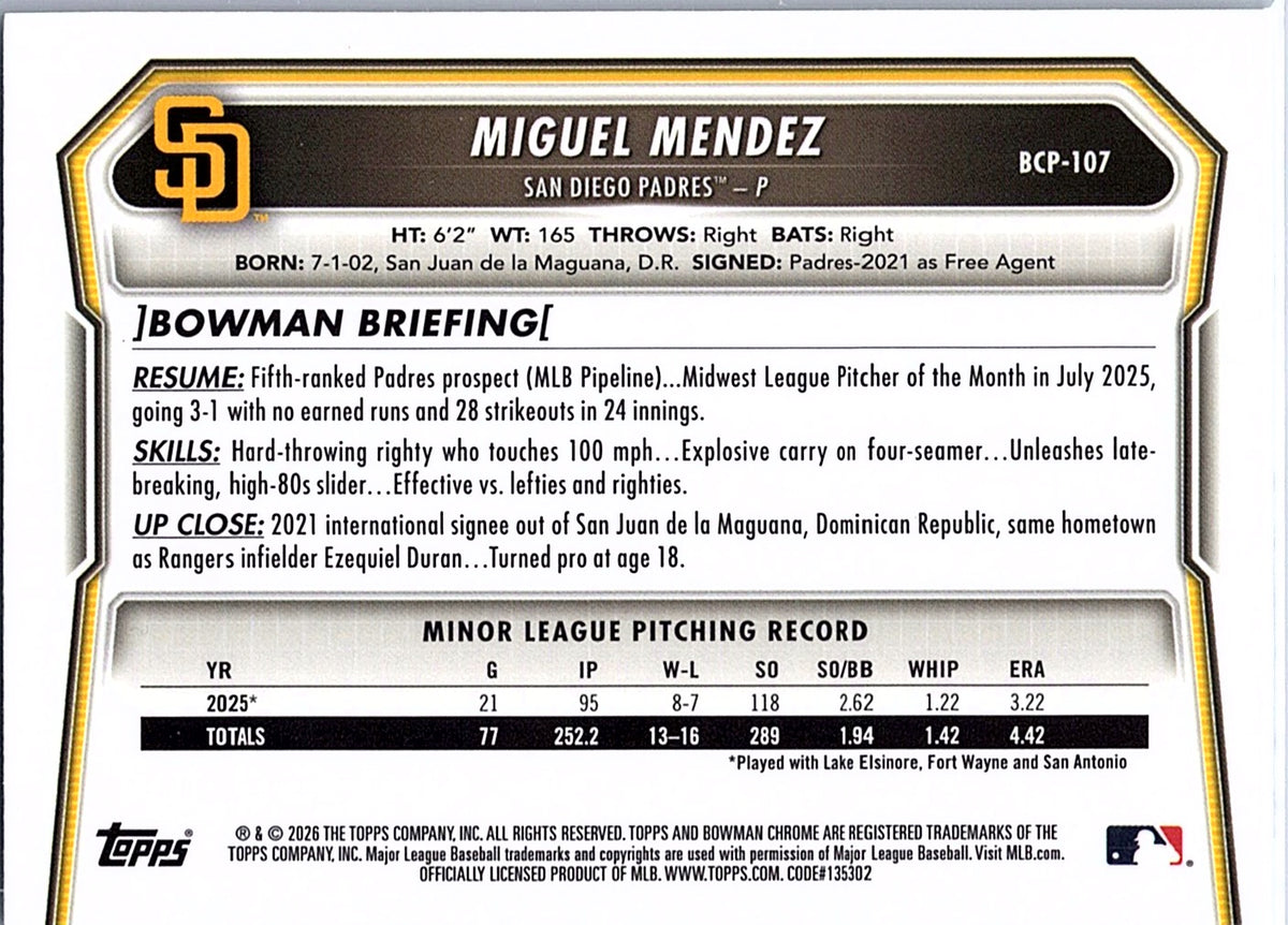 2026 Bowman Miguel Mendez #BCP-107 Chrome Prospects San Diego Padres