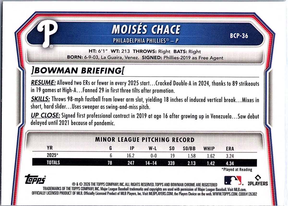 2026 Bowman Moisés Chace #BCP-36 Chrome Prospects Philadelphia Phillies