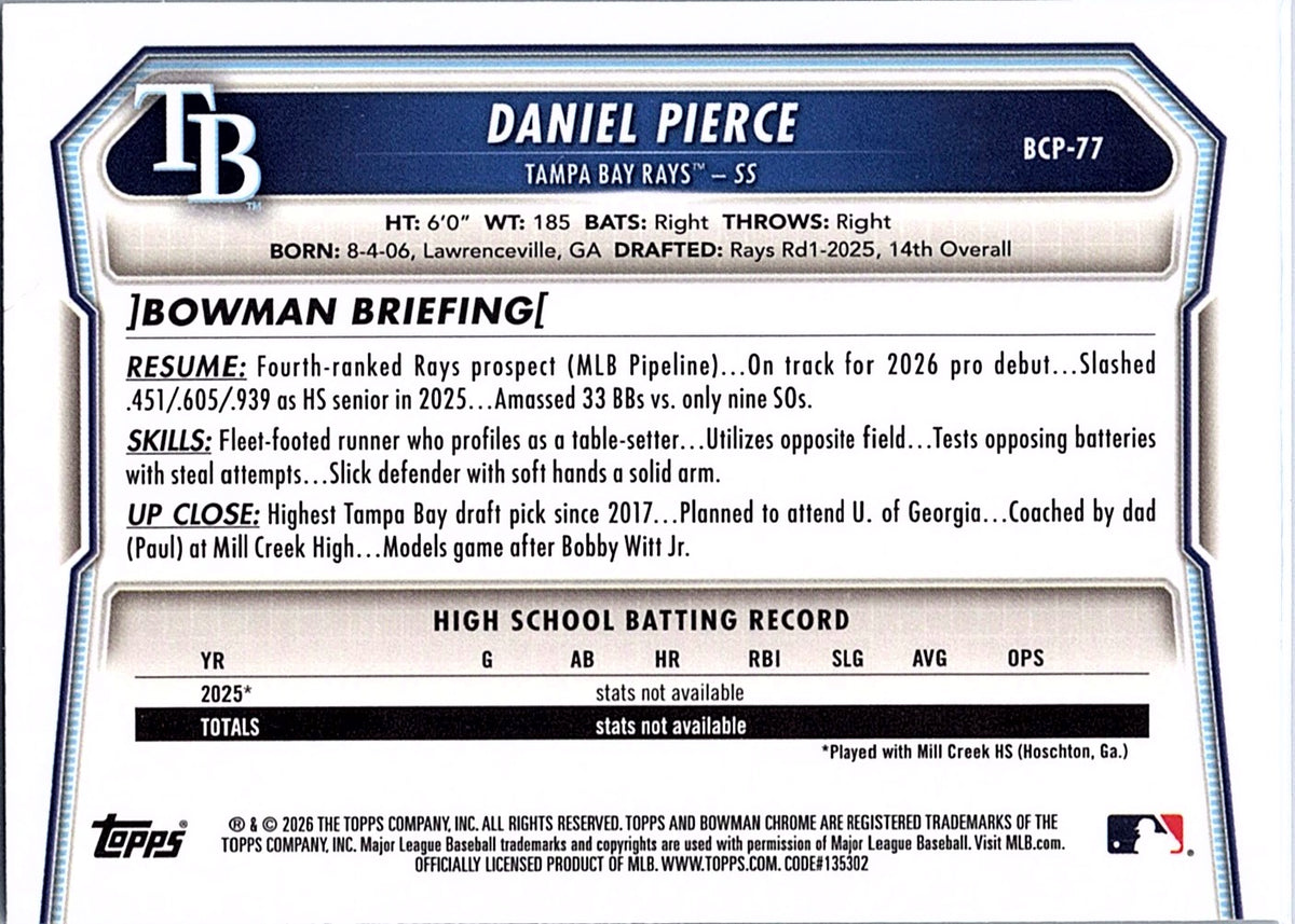2026 Bowman Daniel Pierce #BCP-77 Chrome Prospects Tampa Bay Rays