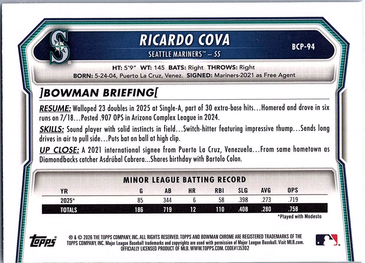 2026 Bowman Ricardo Cova #BCP-94 Chrome Prospects Lazer Refractor Mariners