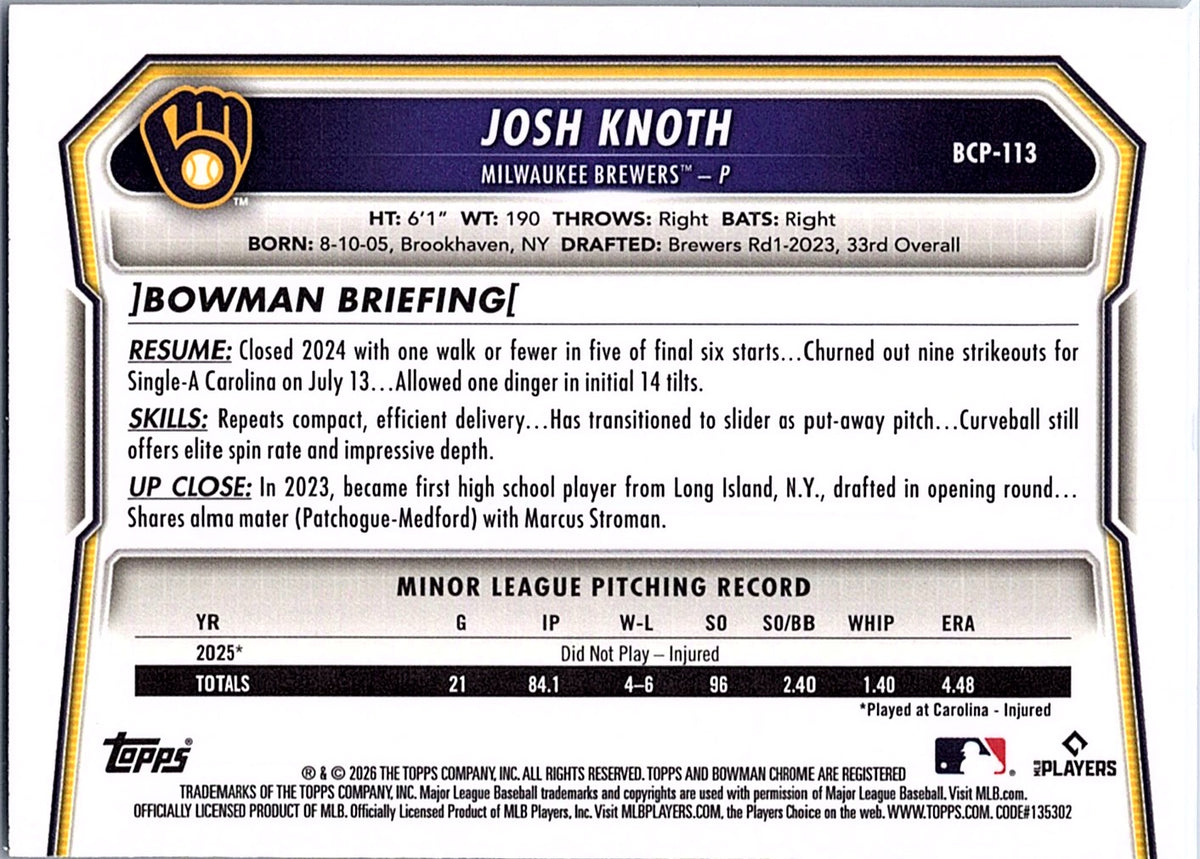 2026 Bowman Josh Knoth #BCP-113 Chrome Prospects Lazer Refractor Brewers