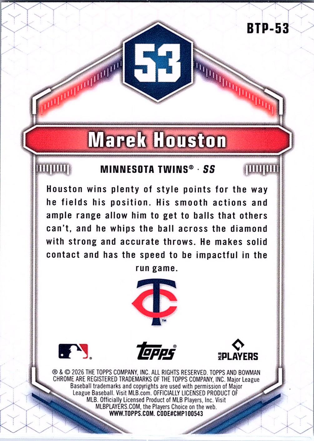 2026 Bowman Marek Houston #BTP-53 Bowman Scouts' Top 100 Minnesota Twins