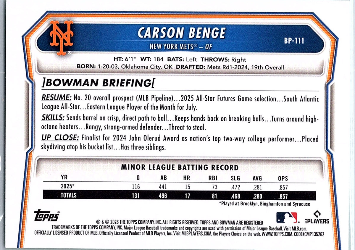 2026 Bowman Carson Benge #BP-111 Prospects Neon Green New York Mets #/399