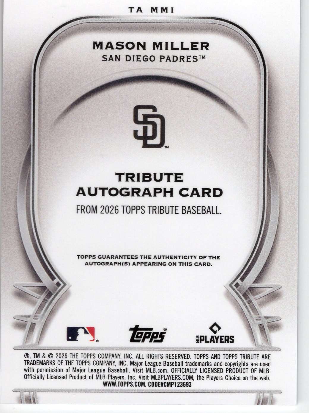 2026 Topps Tribute Mason Miller #TA-MMI Tribute Autographs Purple Padres /75