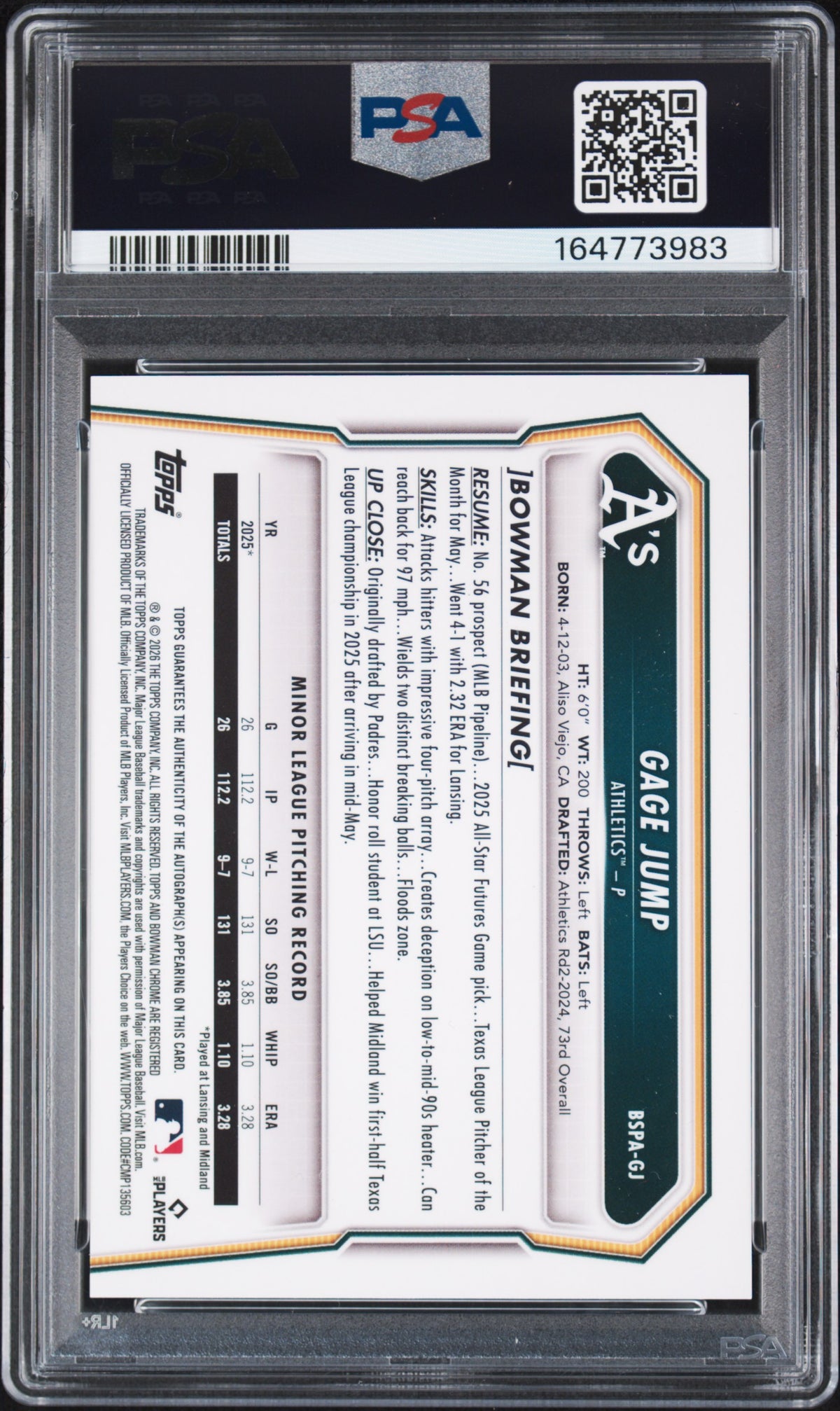 2026 Bowman Sapphire Edition Chrome Prospects Autographs Gage Jump #GJ A's AU