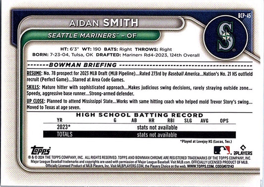 2024 Bowman AIDAN SMITH #BCP-45 1st Prospect Mariners