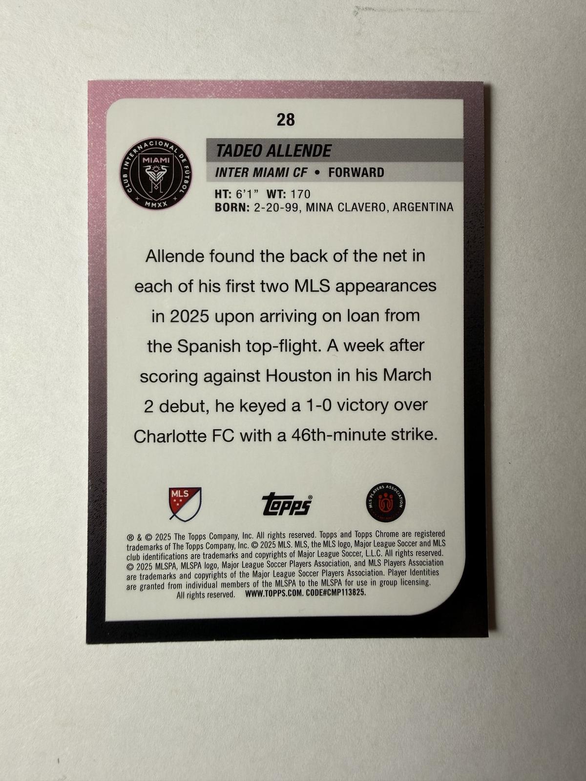 2025 Topps Chrome MLS Tadeo Allende #28 Pink Mini-Diamonds Refractor /250