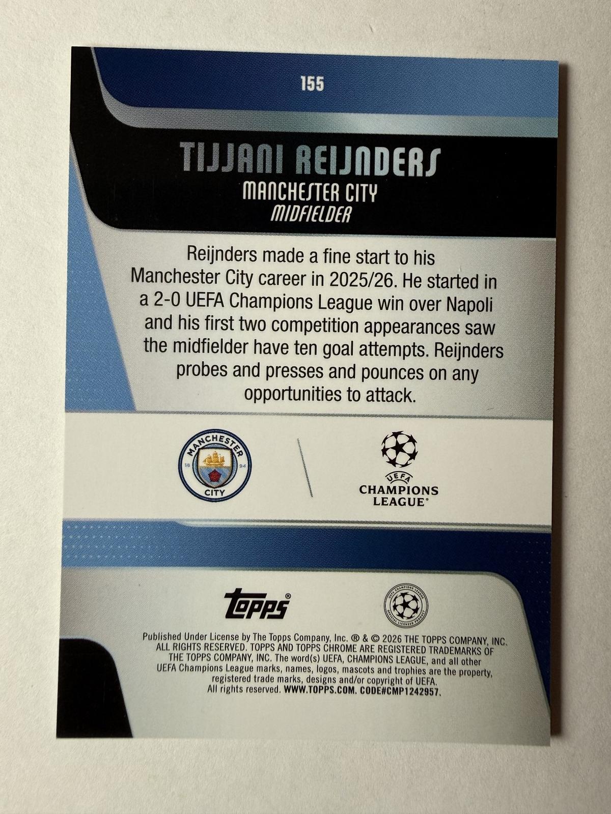 2025-26 Topps Chrome UEFA Club Tijjani Reijnders #155 Yellow Mini-Diamonds /275