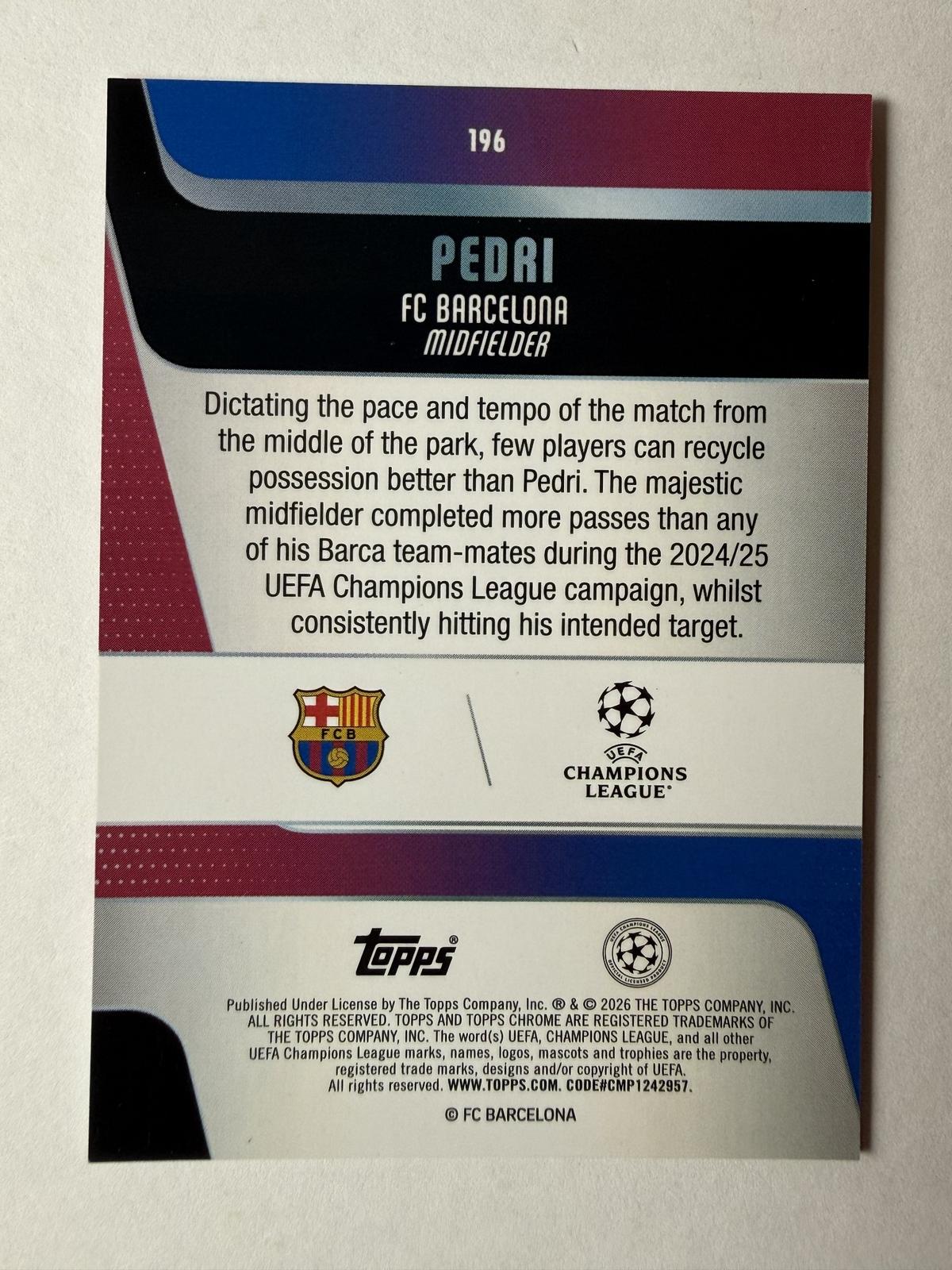 2025-26 Topps Chrome UEFA Club Competitions Pedri #196 Pink Mini-Diamonds /250