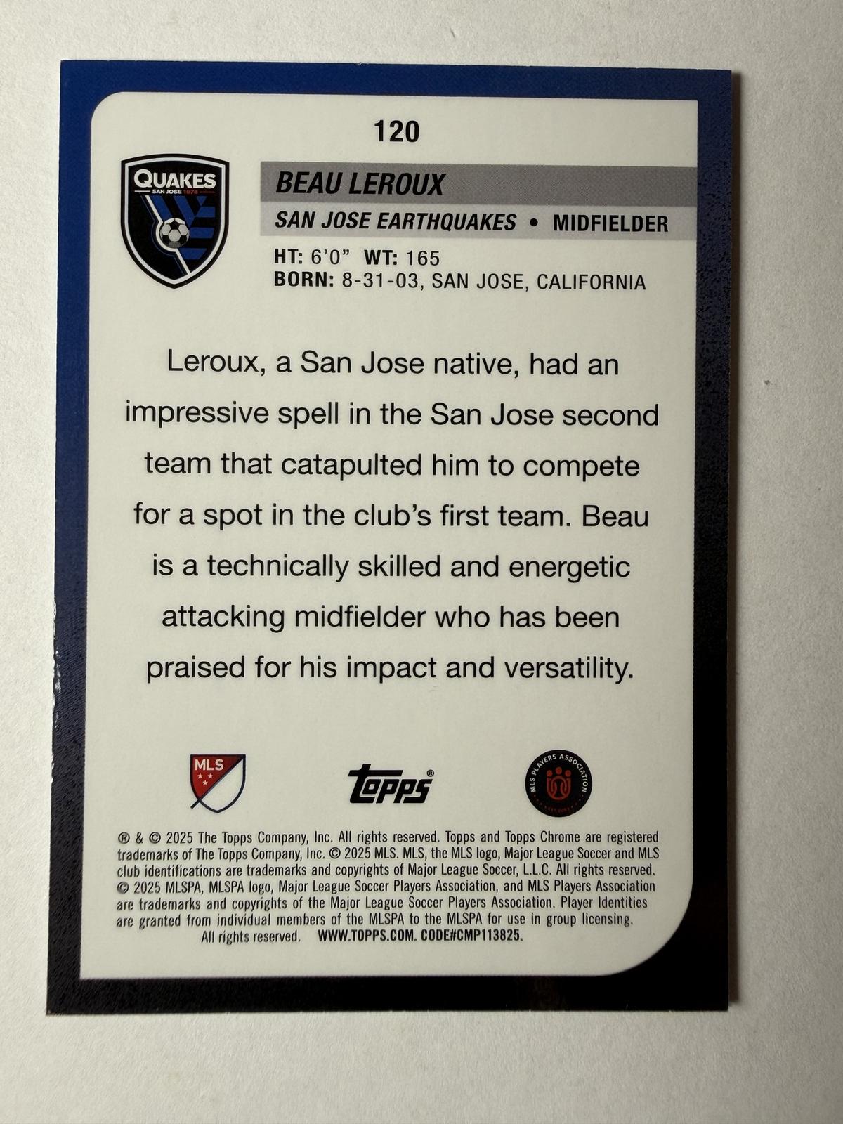 2025 Topps Chrome MLS Beau Leroux #120 Pink Mini-Diamonds Refractors #/250
