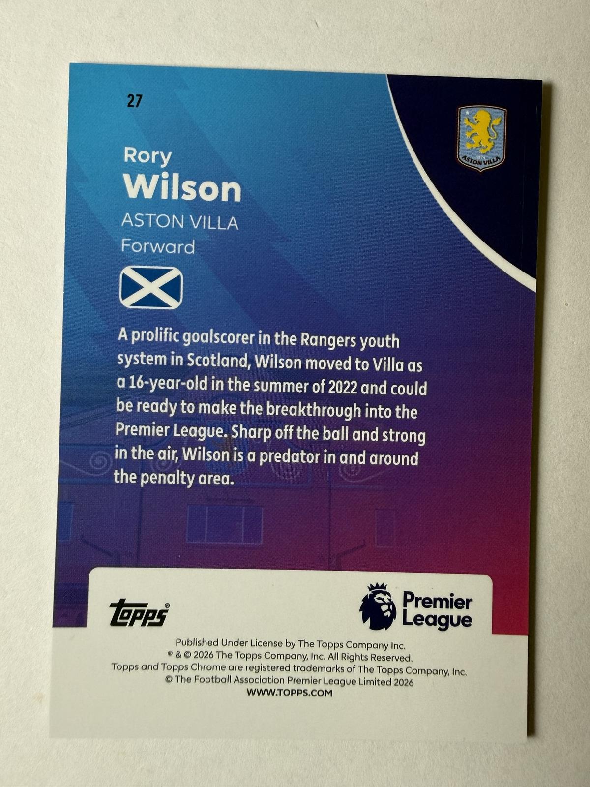 2025-26 Topps Chrome Premier League Rory Wilson #27 Pink RayWave Refractor #/250