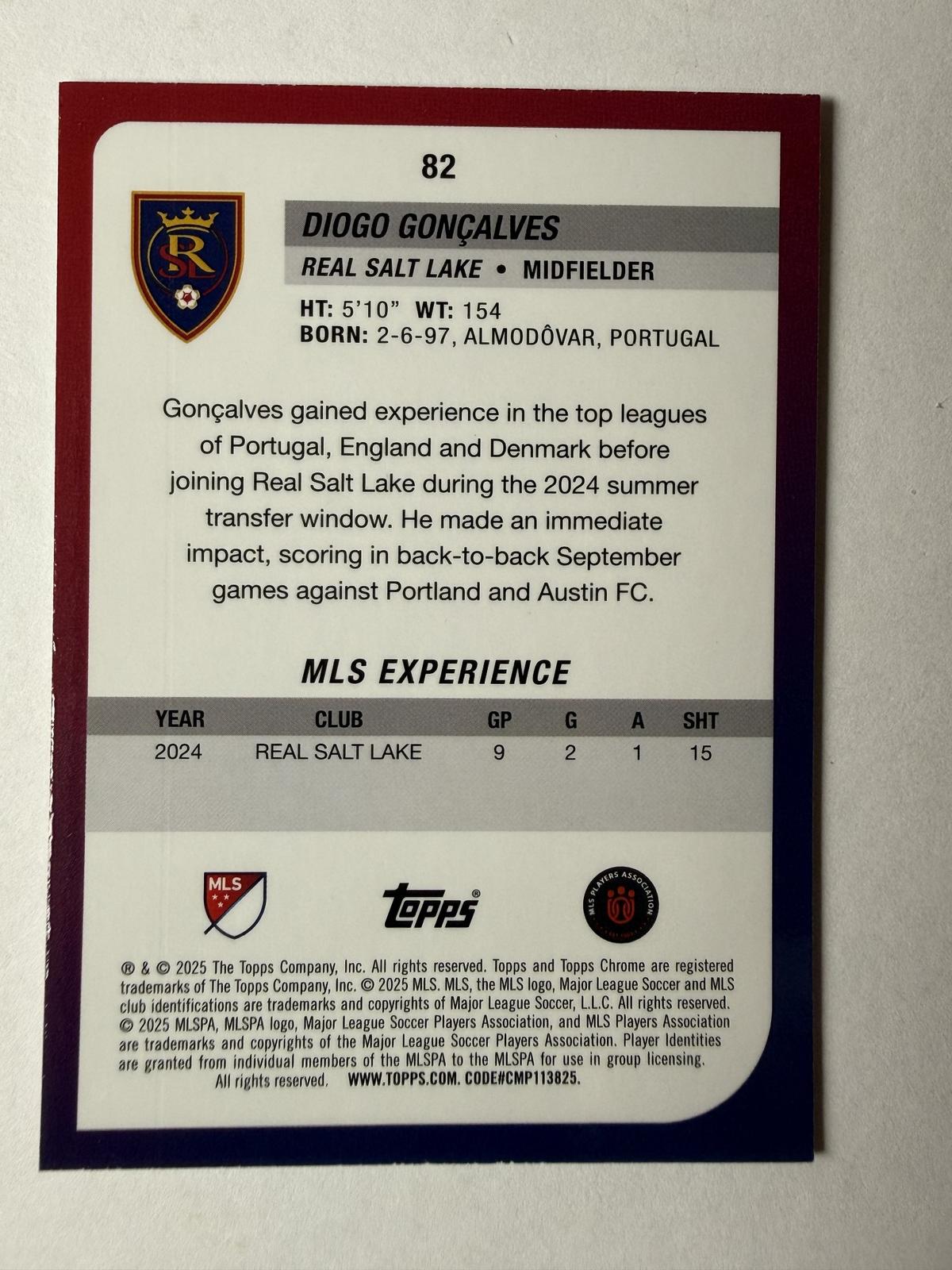 2025 Topps Chrome MLS Diogo Gonçalves #82 Pink Mini-Diamonds Refractor #/250