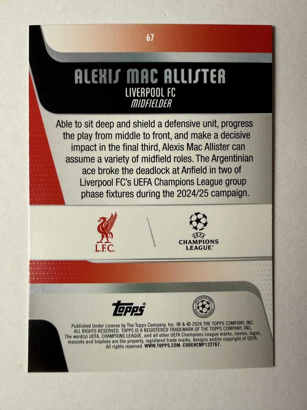 2025-26 Topps Chrome UEFA Club Alexis Mac Allister #67 Pink Mini-Diamonds /250