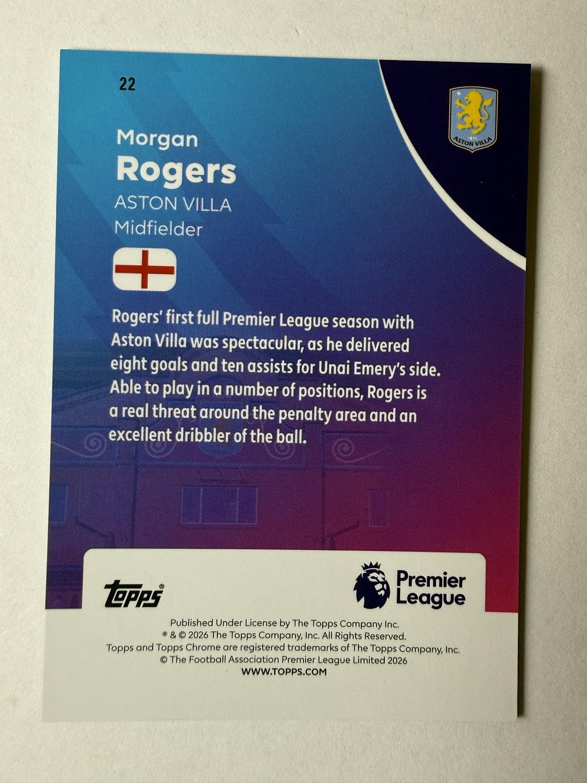 2025-26 Topps Chrome Premier Morgan Rogers #22 Green RayWave Aston Villa /99