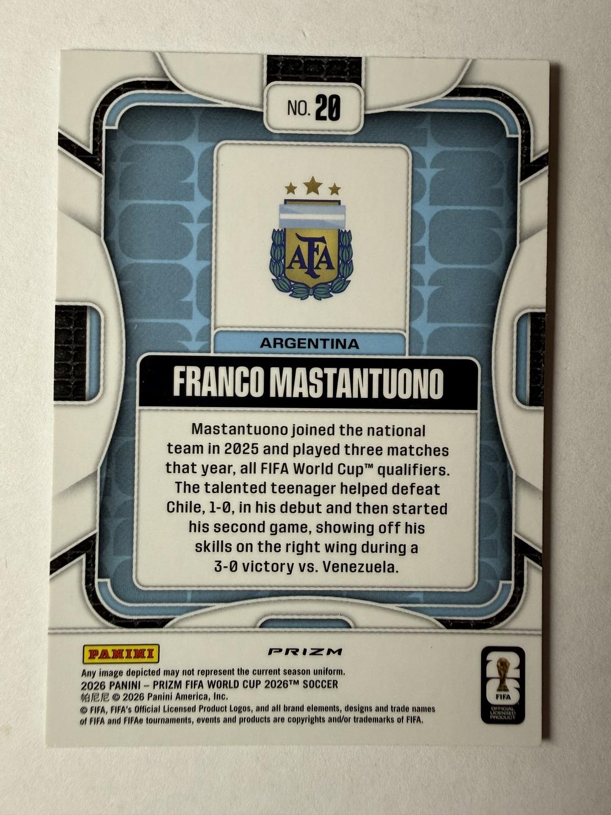 2026 Panini Prizm FIFA World Cup Franco Mastantuono #20 Wave Prizm Argentina