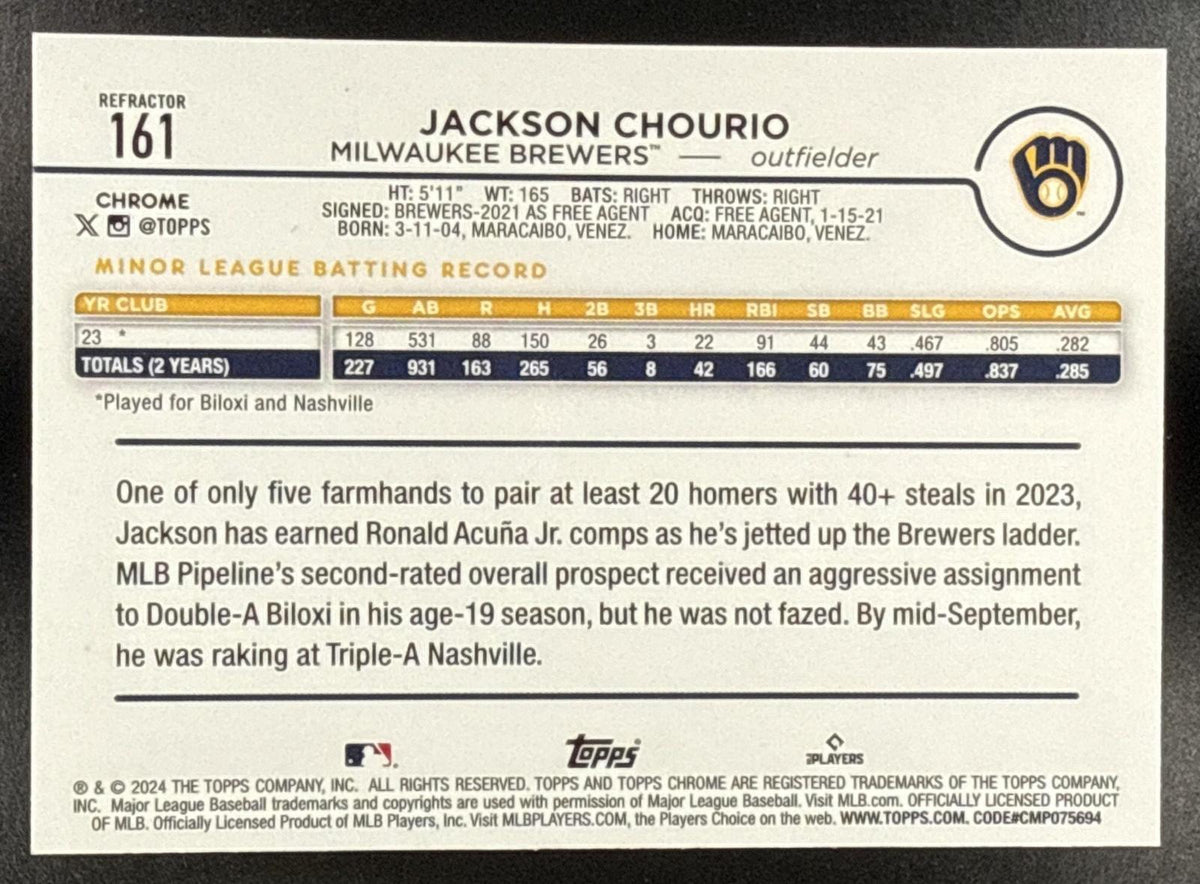 2024 Topps Chrome Jackson Chourio #161 Refractor Milwaukee Brewers