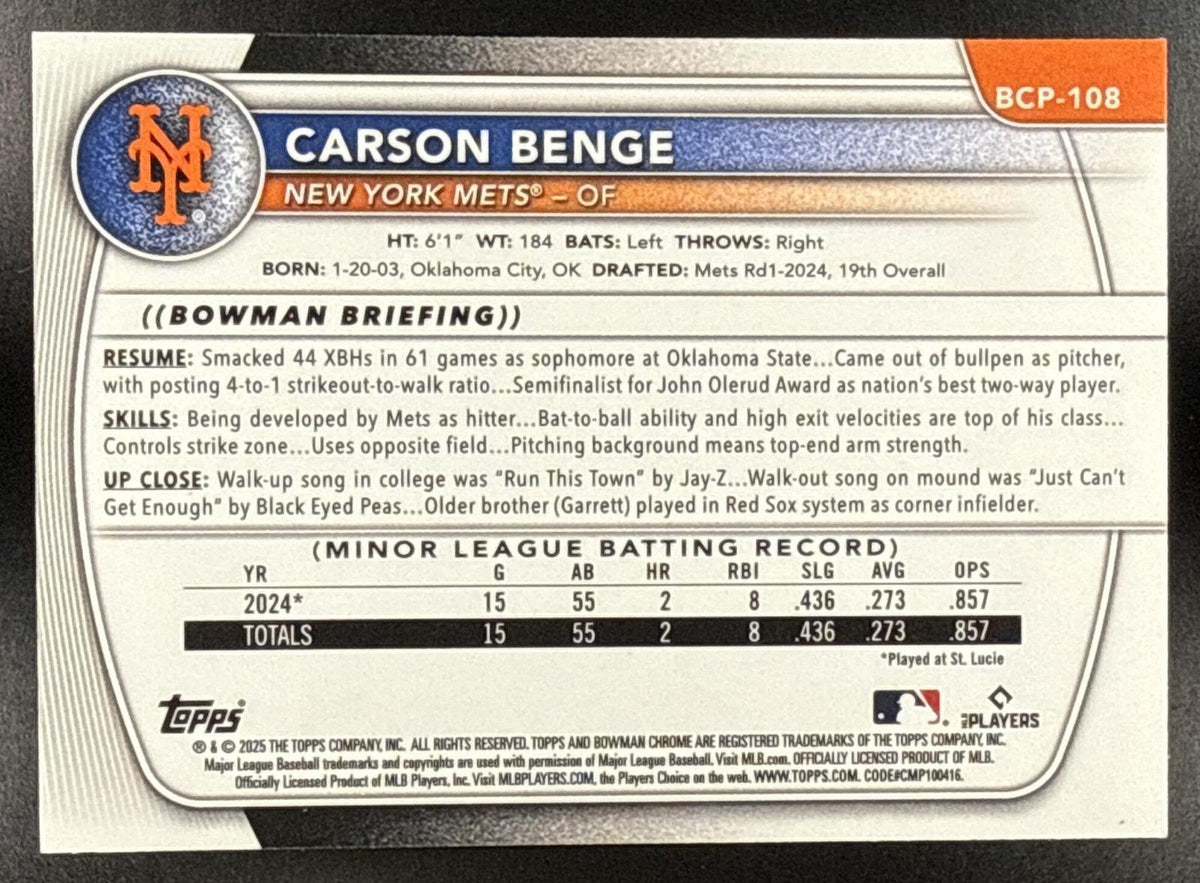 2025 Bowman Carson Benge #BCP-108 Chrome Prospects New York Mets