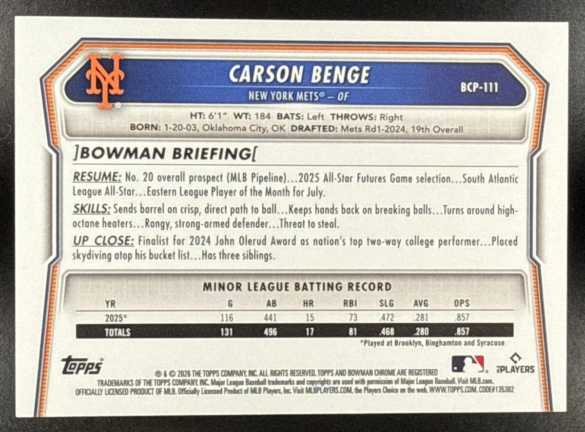 2026 Bowman Carson Benge #BCP-111 Chrome Prospects New York Mets